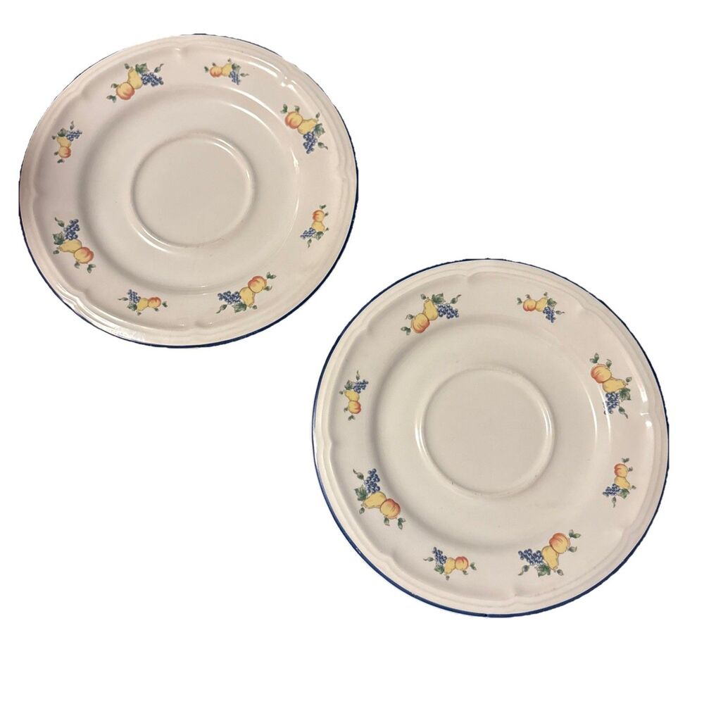 Vintage Pair Vitromaster Basket Festival Saucers Plates Fruit Pattern